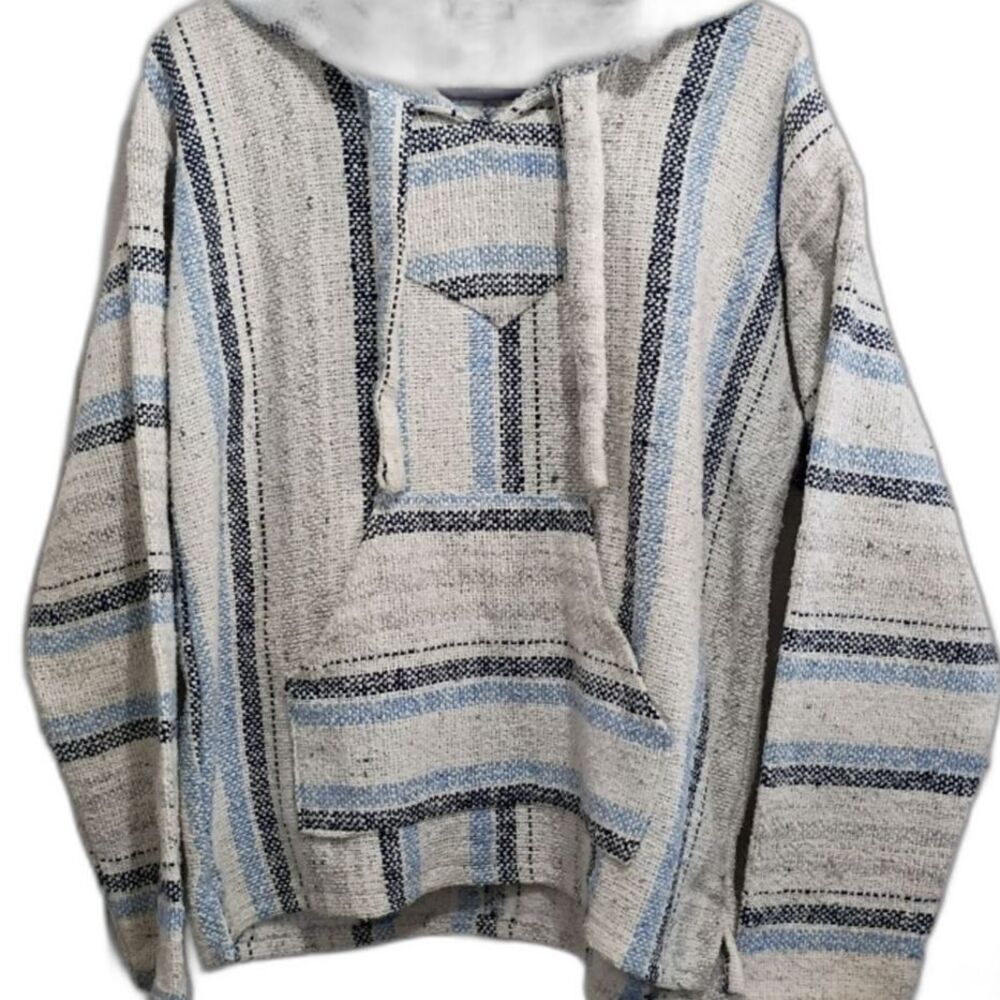 Earthbound Trading Co Stripe Baja Hoodie Medium Pullover Casual Cream/Blue Knit